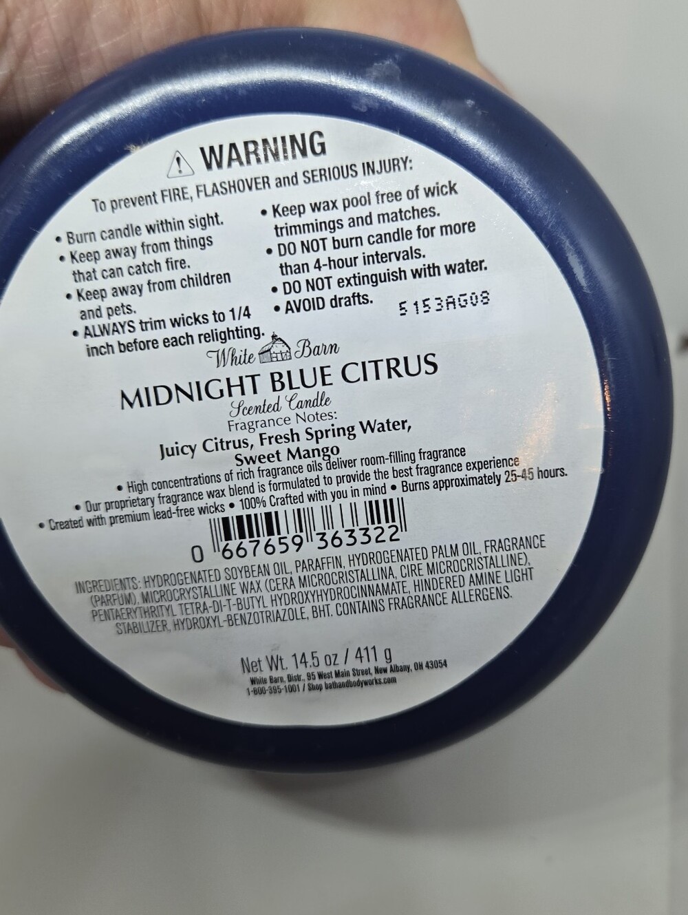 White Barn Midnight Blue Citrus Candle - Navy Blue & Gold Label - Picture 3 of 3
